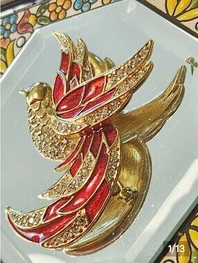 GIORGIO Bird of Paradise Brooch Rhinestone Gold Tone Red Vintage Signed Enamel